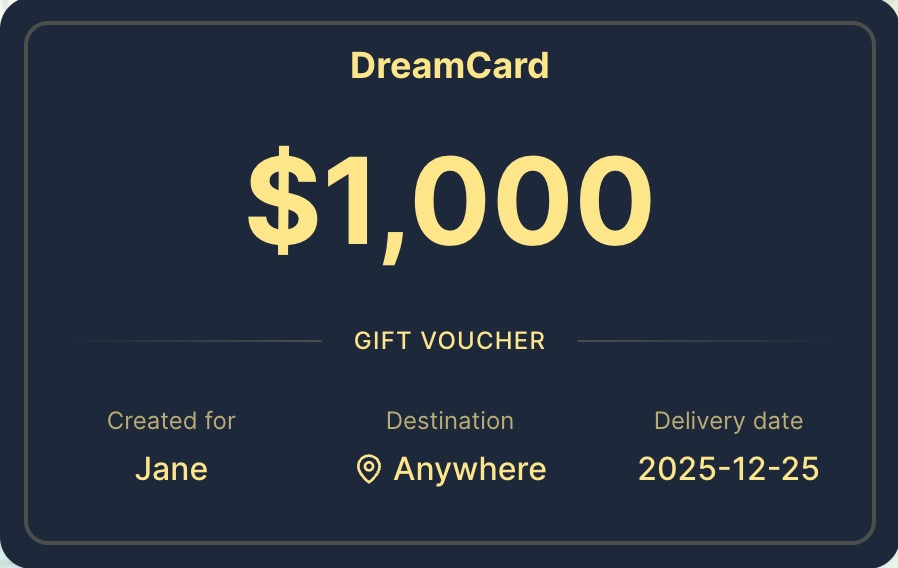 Gift card front view showing customizable travel experience